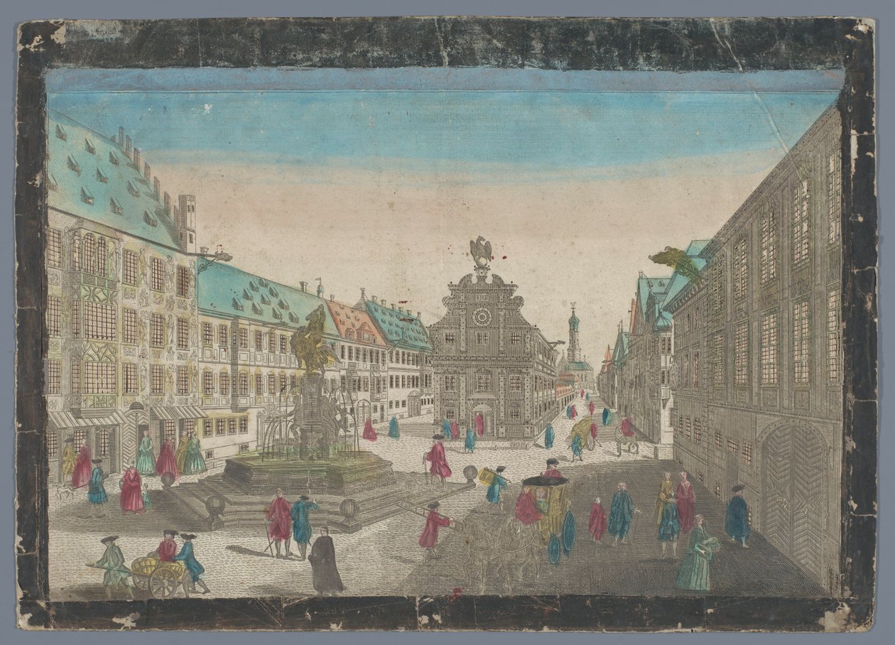 Gezicht op de wijnmarkt te Augsburg A borpiac kilátása a Saltz Stadelen fel S. Ulrich felé Augspurg felé (cím a tárgyon) alkotó: Georg Balthasar Probst (possibly)