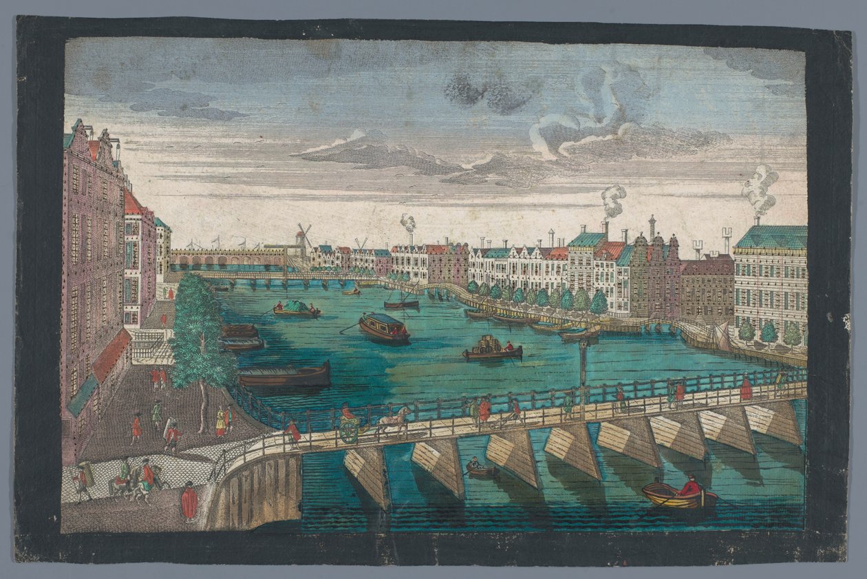 Kilátás a Binnen-Amstelre, a Blauwbrug és a Hogesluis között Amszterdamban Die Amstel von innen nach der blauen Brücke gegen der Wasser Schleuße zu Amsterdam (cím a tárgyon) alkotó: Georg Balthasar Probst