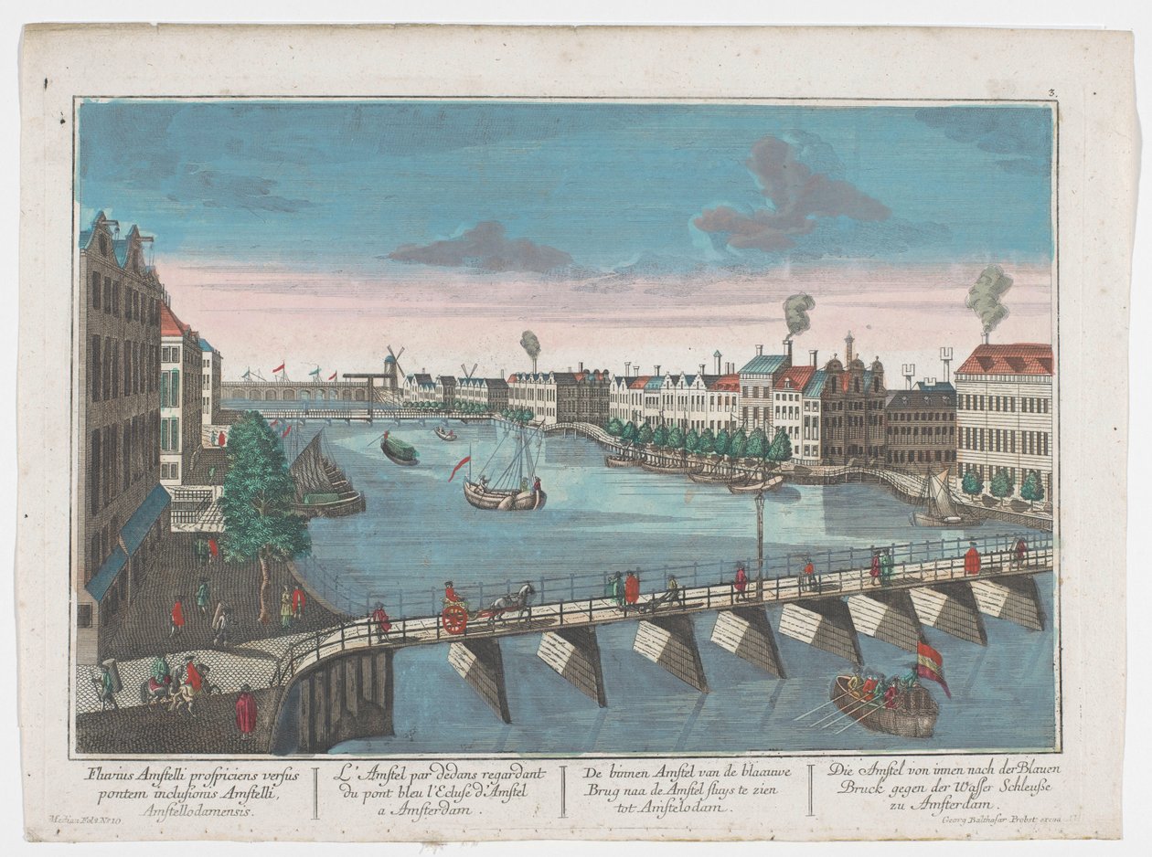 Kilátás a Binnen-Amstelre, a Blauwbrug és a Hogesluis között Amszterdamban Die Amstel von innen nach der blauen Brücke gegen der Wasser Schleuße zu Amsterdam (cím a tárgyon) Amszterdam (sorozat címe) alkotó: Georg Balthasar Probst