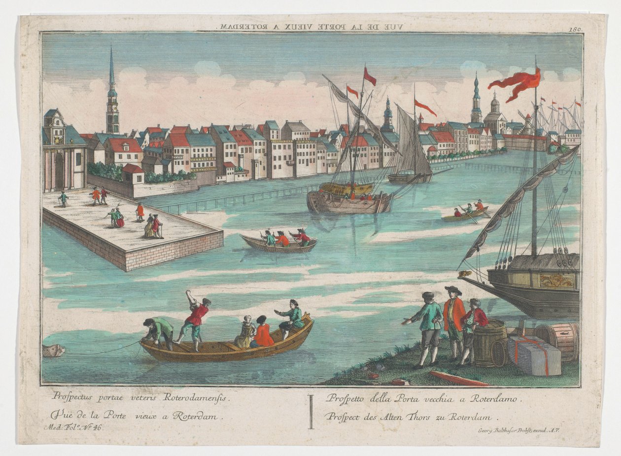 Kilátás az Ooster Oude Hoofdpoortra Rotterdamban Prospect des Alten Thors zu Rotterdam (cím az objektumon) Rotterdam (sorozat címe) alkotó: Georg Balthasar Probst