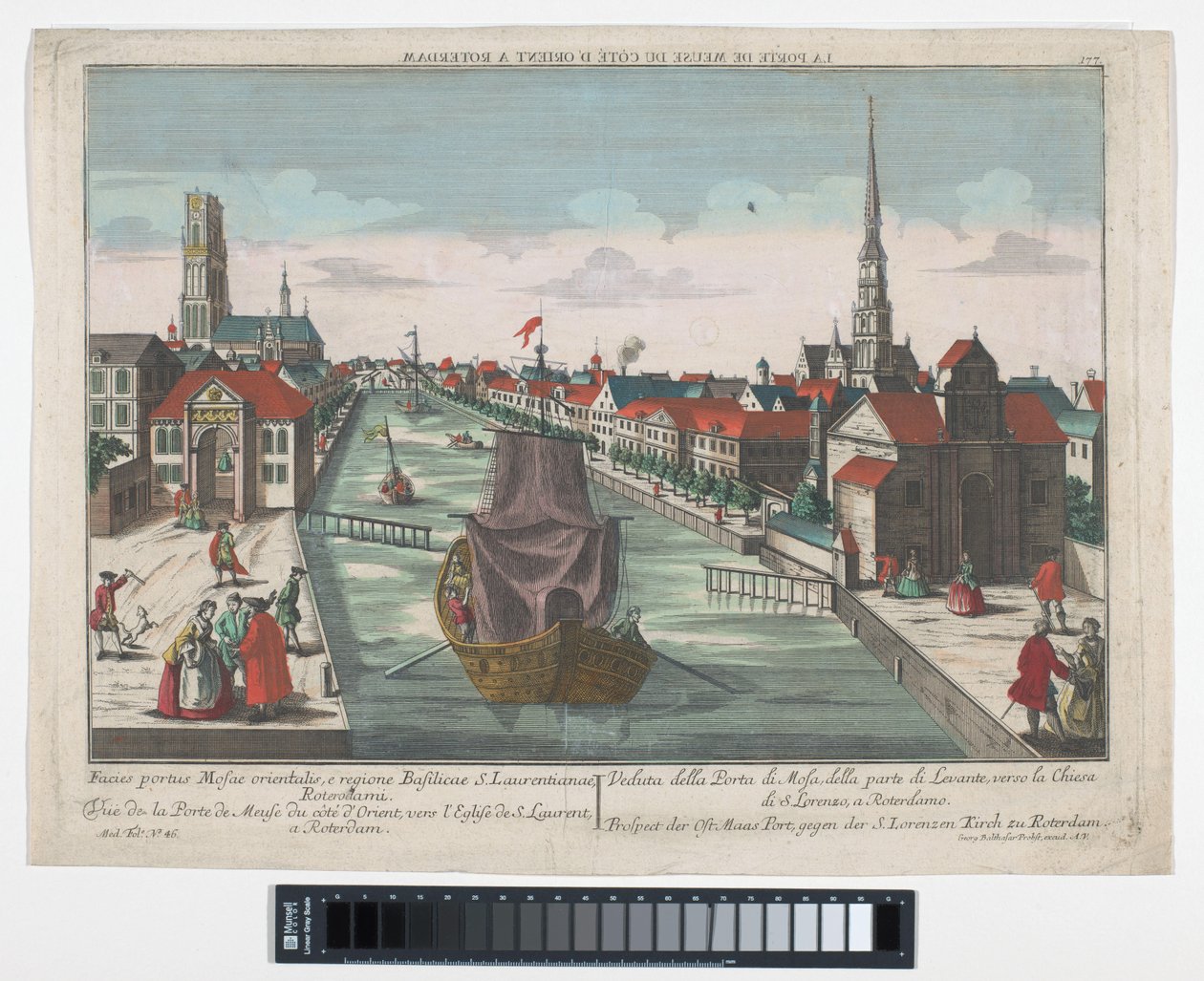 Kilátás a Wester Oude Hoofdpoortra és az Ooster Oude Hoofdpoortra Rotterdamban Prospect der Ost Maas Port, gegen der S.Lorenzen Kirch zu Roterdam (cím a tárgyon) Rotterdam (sorozat címe) alkotó: Georg Balthasar Probst