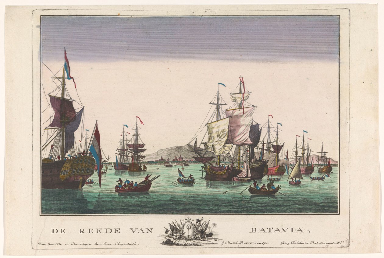 Kilátás a Batavia kikötőjére Batavia útjai (cím a tárgyon) Kikötői kilátások (sorozat címe) alkotó: Georg Balthasar Probst