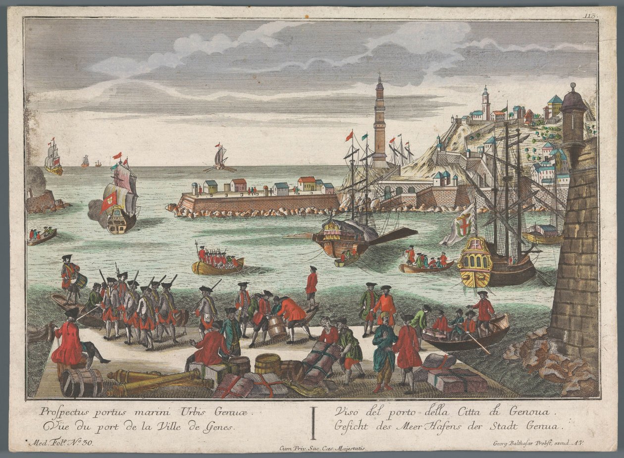 Kilátás a genovai kikötőre Gesicht des Meer Hafens der Stadt Genoa (cím a tárgyon) Kikötői kilátás (sorozat címe) alkotó: Georg Balthasar Probst