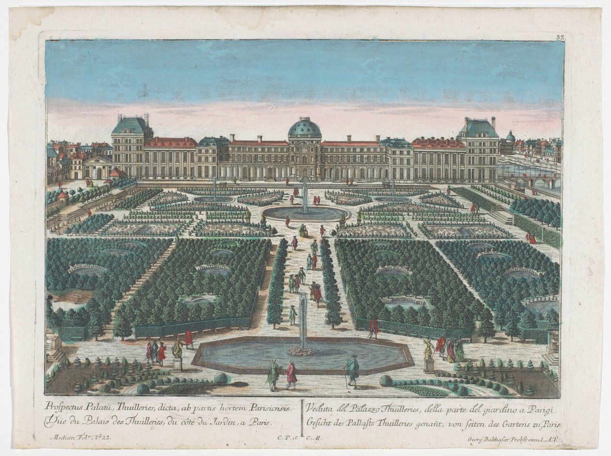 Kilátás a párizsi Palais des Tuileries-ra a Tuileriák kertjéből Gesicht des Pallasts Thuilleries genannt, von seiten des Gartens zu Paris (cím a tárgyon) Paris (sorozat címe) alkotó: Georg Balthasar Probst