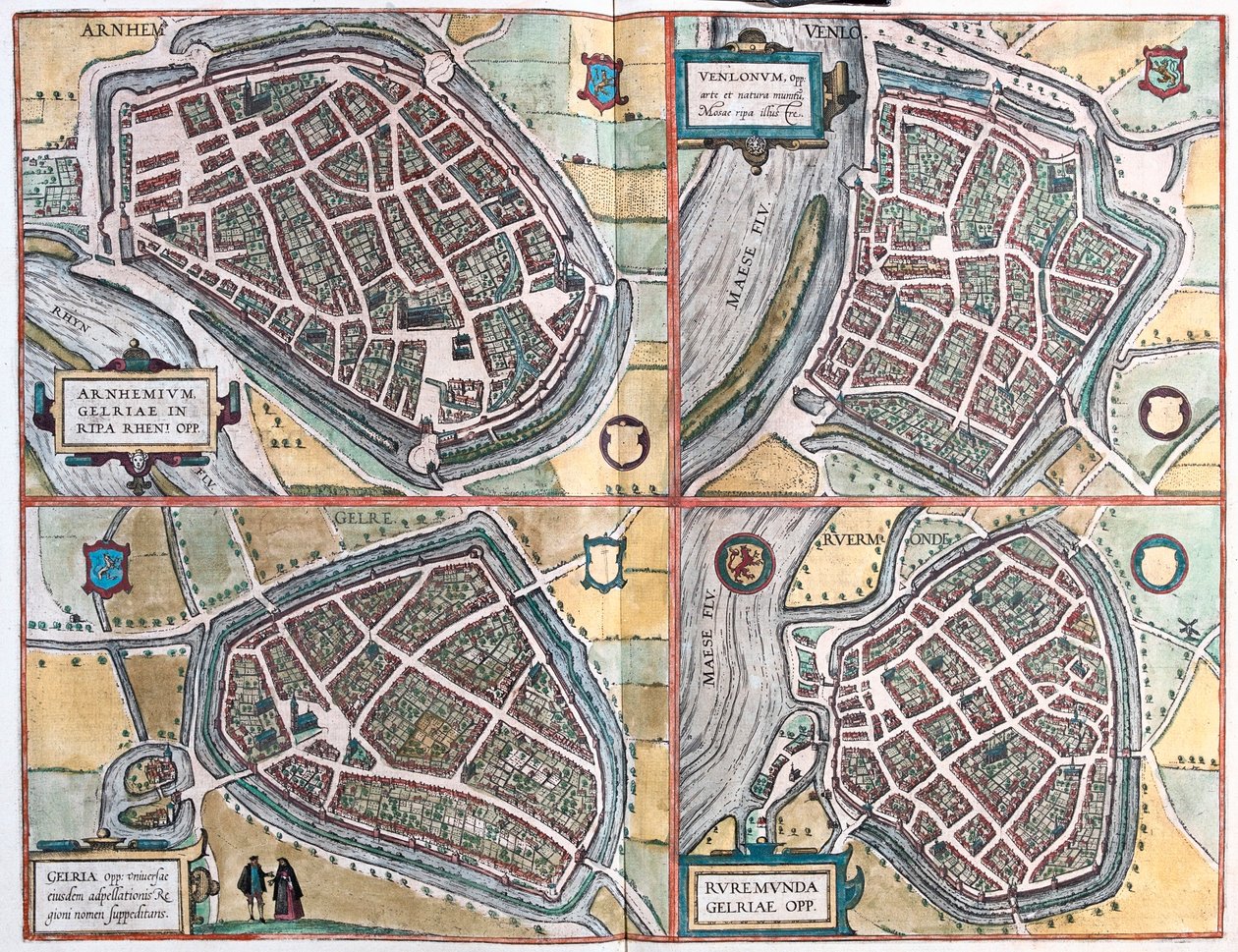 Arnhem, Geltre, Venlo, Roermond - Hollandia- Georg Braun "Civitates Orbis Terrarum" című művében, Köln, 1617. alkotó: Georg Braun