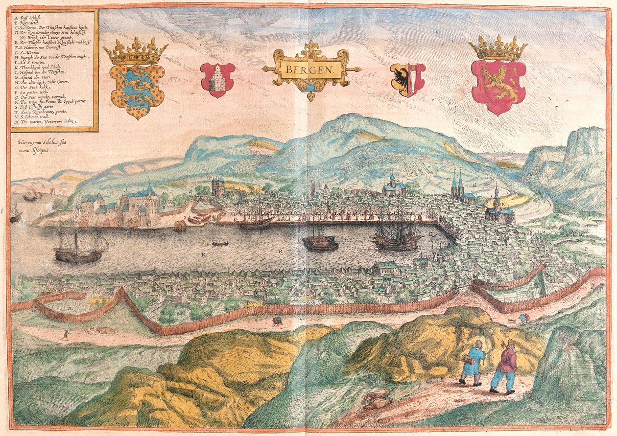 Bergen, Norvégia - Georg Braun "Civitates Orbis Terrarum" című művében, Köln 1617. alkotó: Georg Braun