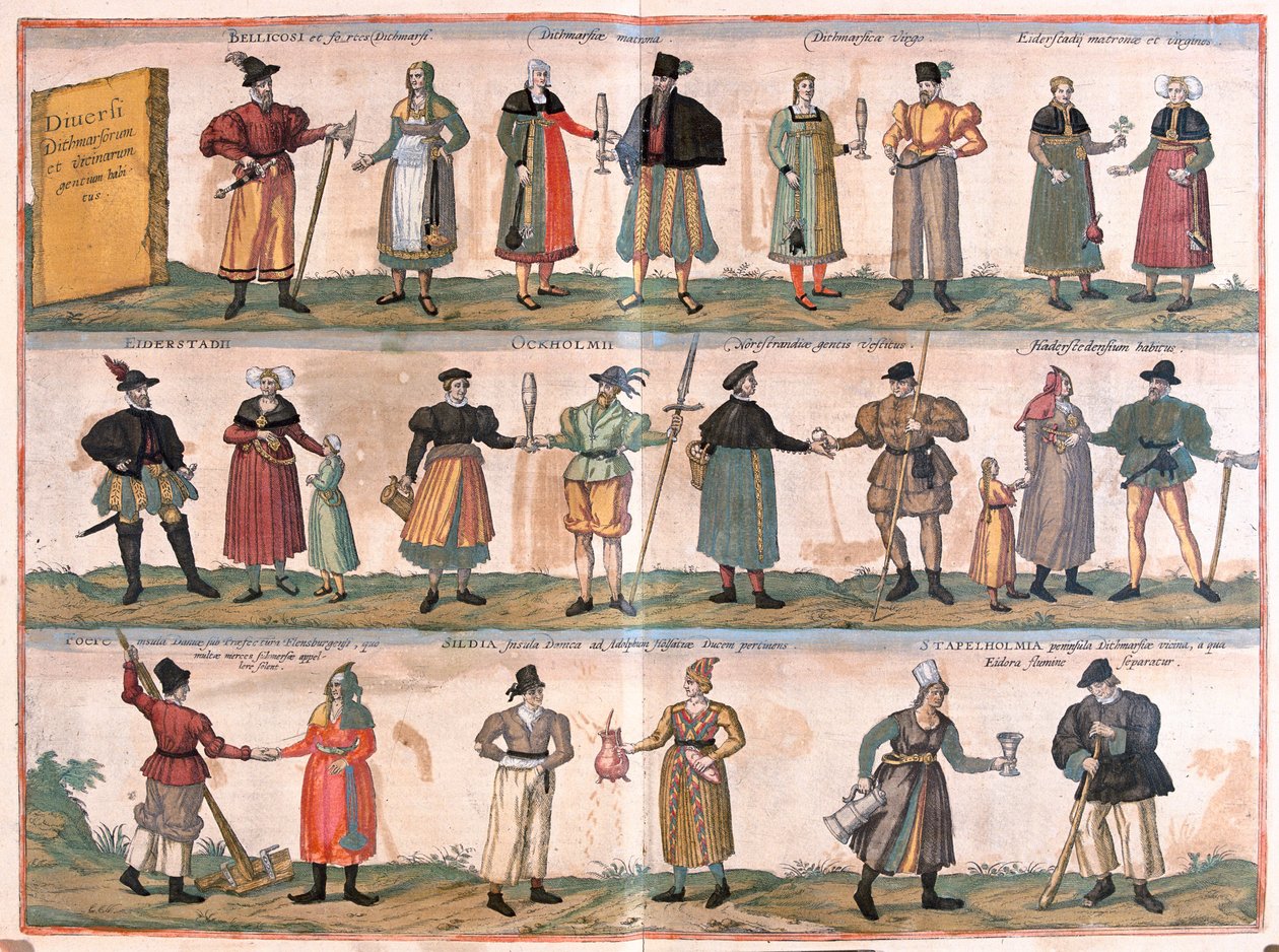 Férfi és női jelmezek - Georg Braun "Civitates Orbis Terrarum" című művében, Köln 1617. alkotó: Georg Braun