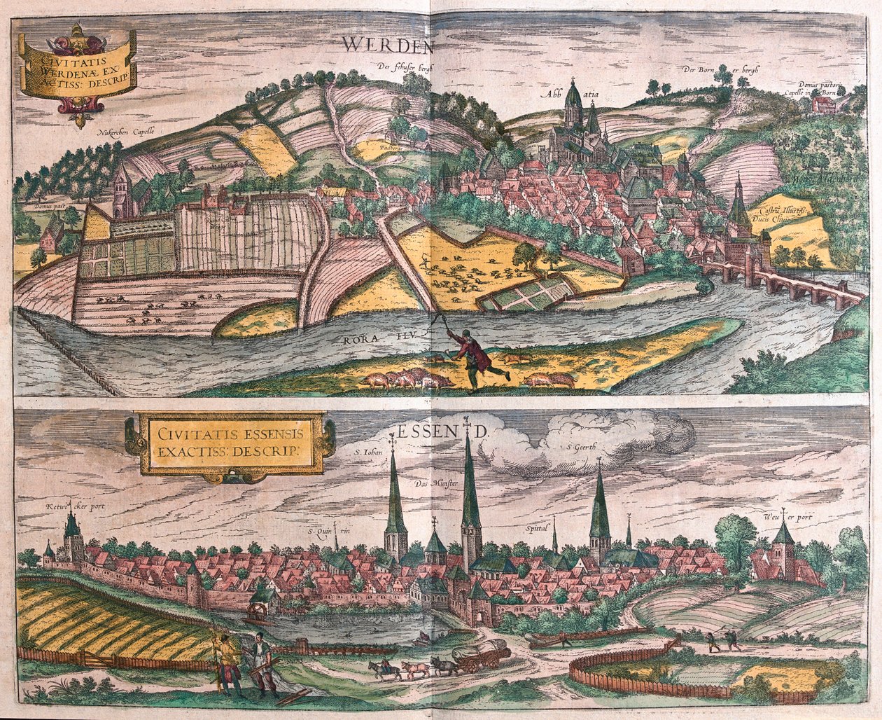 Essen és Werden, Németország - Georg Braun "Civitates Orbis Terrarum" című művében, Köln 1617. alkotó: Georg Braun
