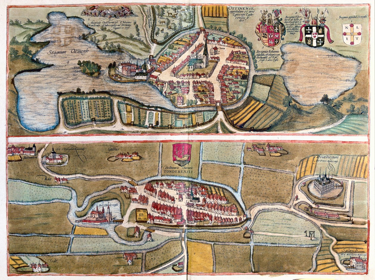 Eutin, Németország - Tonder, Dánia - Georg Braun "Civitates Orbis Terrarum" című művében, Köln 1617. alkotó: Georg Braun