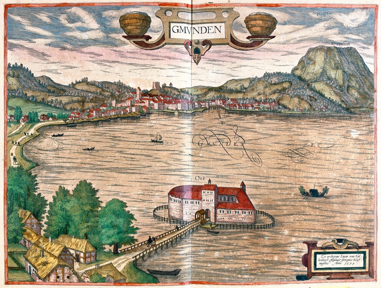 Gmunden, Ausztria - Georg Braun "Civitates Orbis Terrarum" című művében, Köln 1617. alkotó: Georg Braun