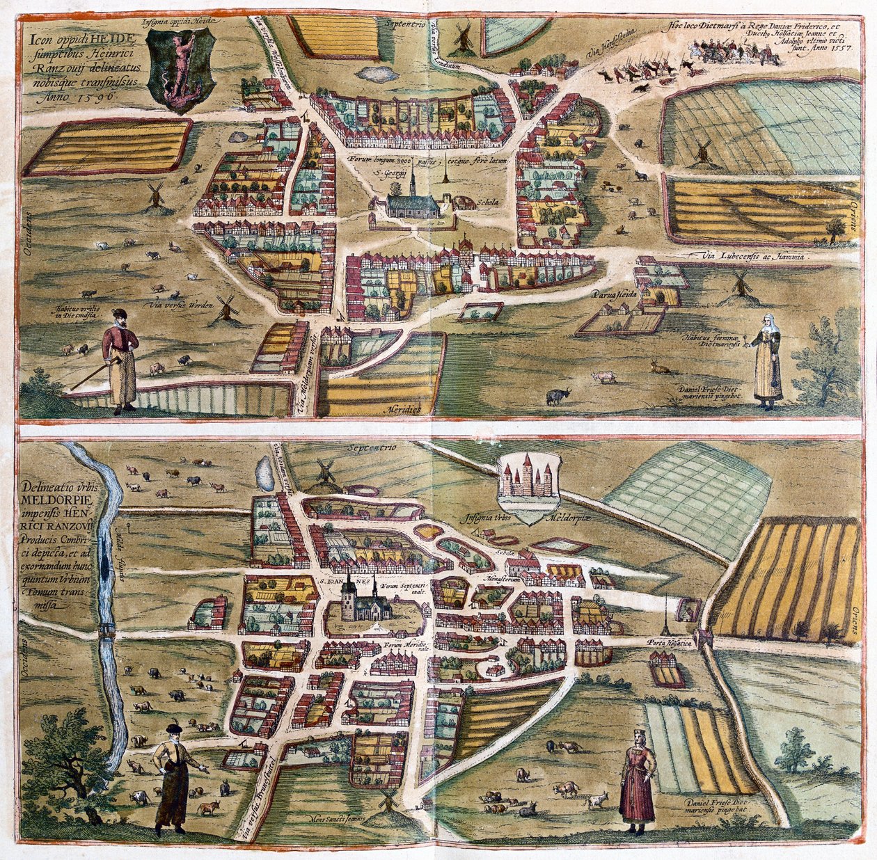 Heide és Meldorf, Németország - Georg Braun "Civitates Orbis Terrarum" című művében, Köln 1617. alkotó: Georg Braun