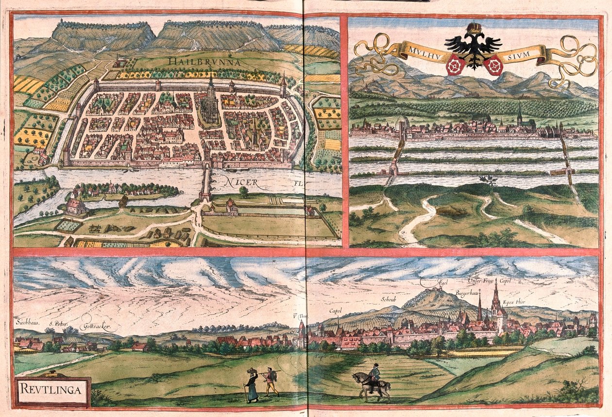 Heilbronn, Mulhouse - Reutlingen, Németország - Georg Braun "Civitates Orbis Terrarum" című művében, Köln 1617. alkotó: Georg Braun