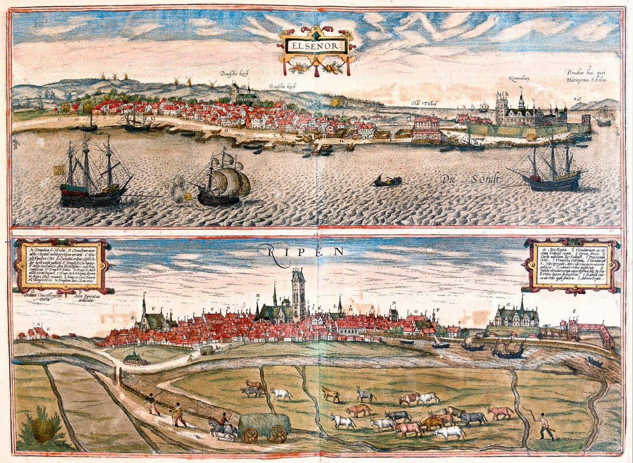 Helsingor (Helsimor - Hamlet), Dánia - Georg Braun "Civitates Orbis Terrarum" című művében, Köln 1617. alkotó: Georg Braun