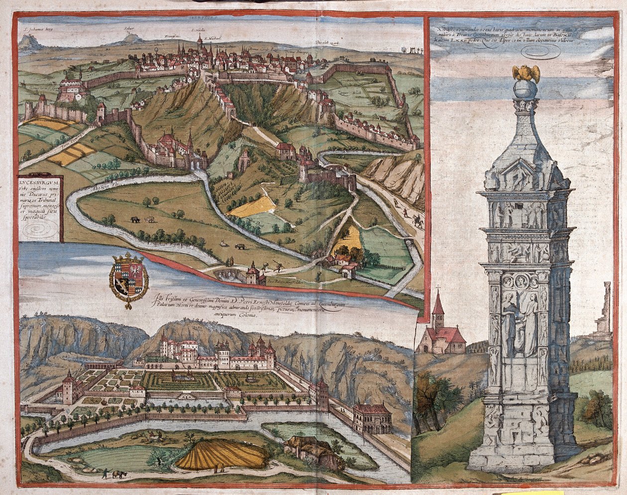 Luxemburg, Igel emlékműve és Mansfeld palotája Ardennek, Németalföld - Georg Braun "Civitates Orbis Terrarum" című művében, Köln 1617. alkotó: Georg Braun