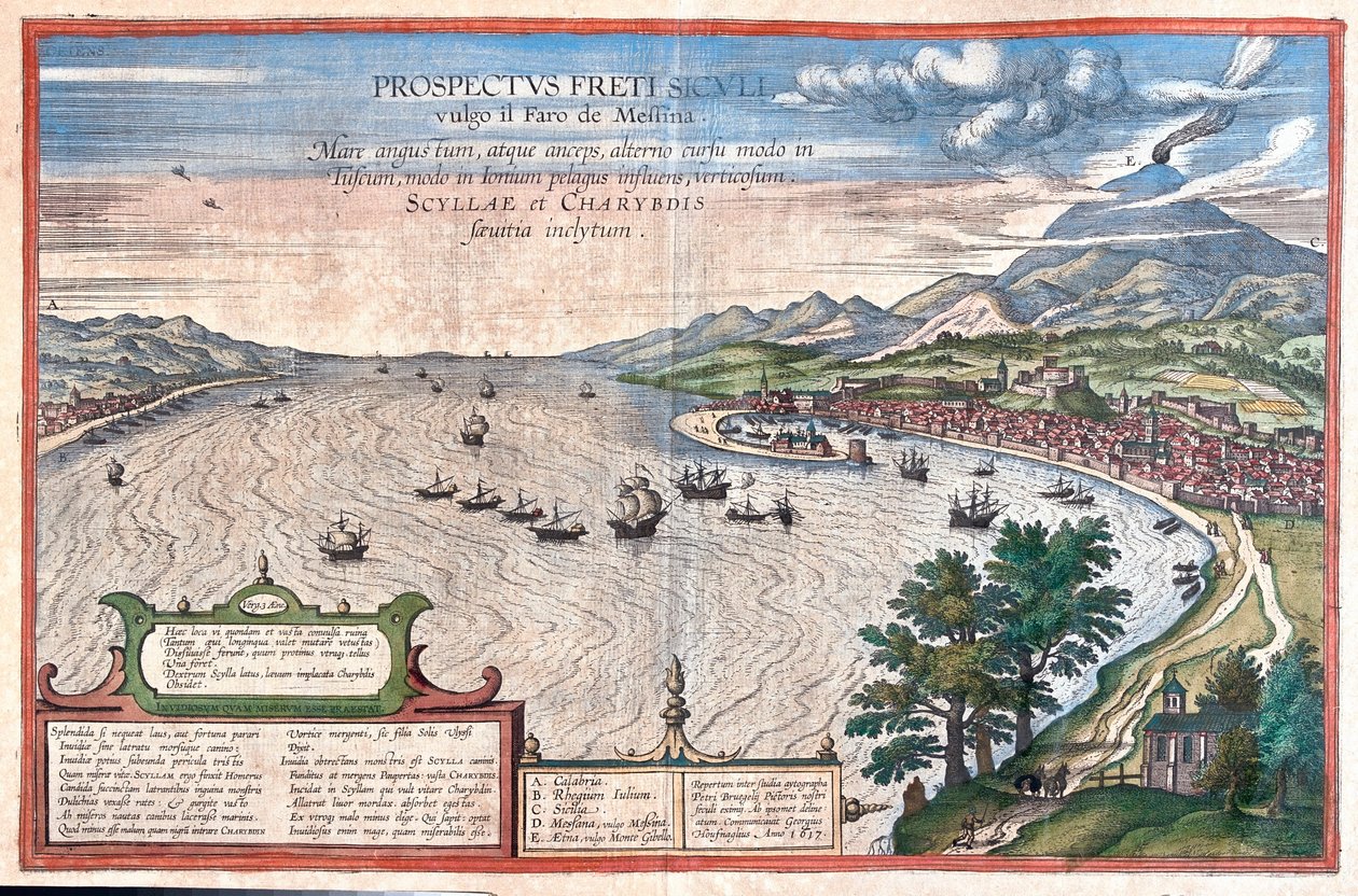 Messina (a Pharo) - Scilla és Cariddi, Szicília, Olaszország - Georg Braun "Civitates Orbis Terrarum" című művében, Köln 1617. alkotó: Georg Braun