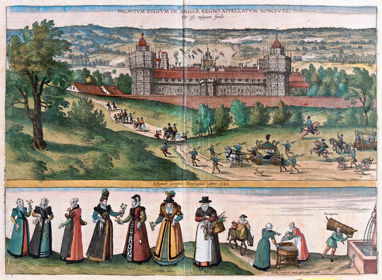 Nonsuch (Surrey-i kastély), Anglia - Georg Braun "Civitates Orbis Terrarum" című művében, Köln 1617. alkotó: Georg Braun