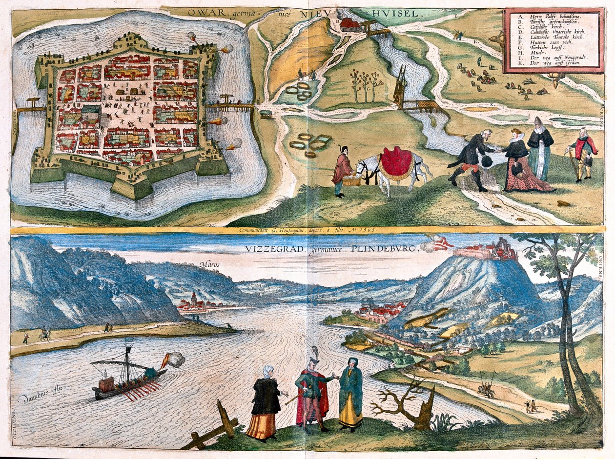 Nové Zamky, Szlovákia - Visegrád, Magyarország - Georg Braun "Civitates Orbis Terrarum" című művében, Köln 1617. alkotó: Georg Braun
