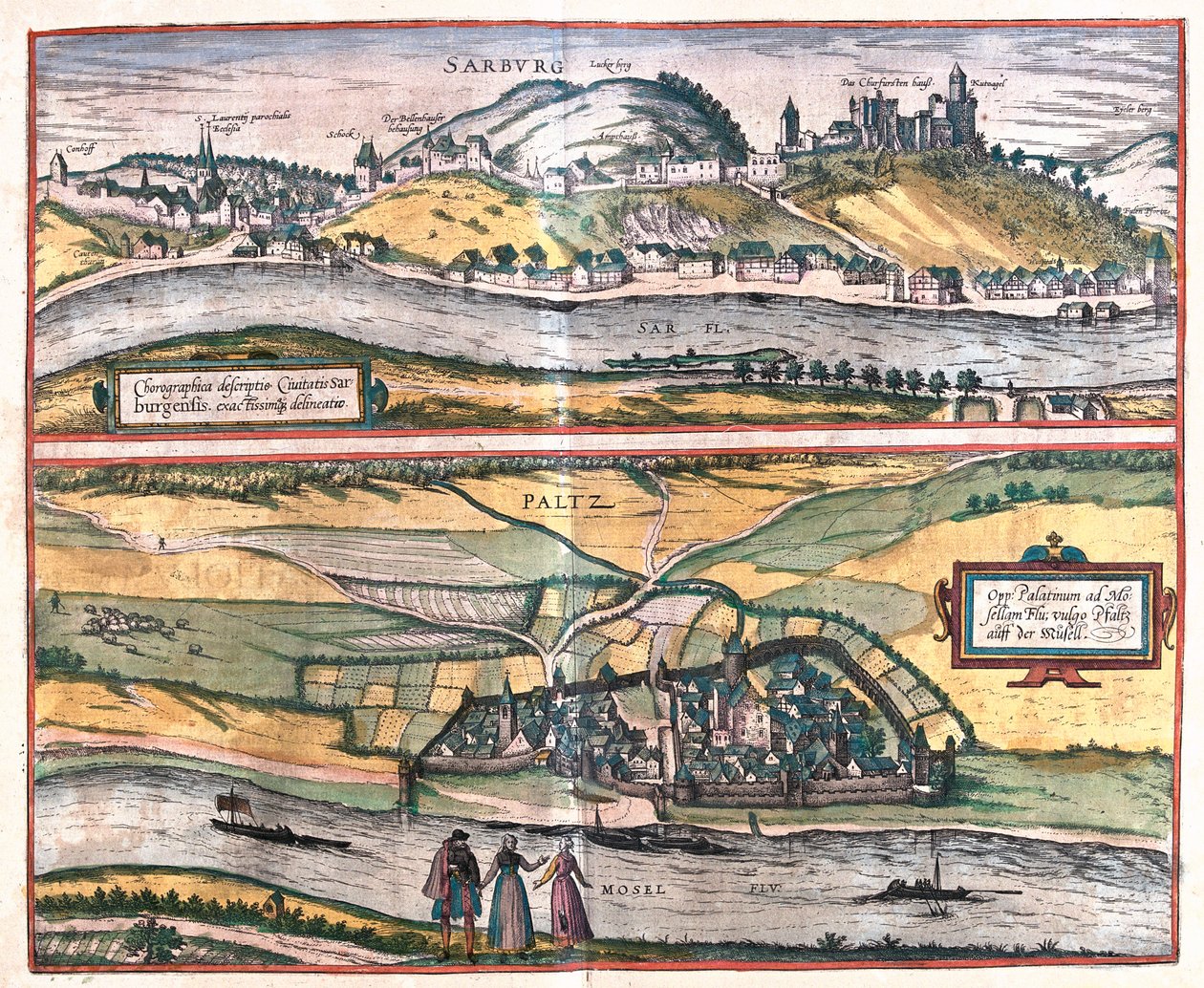 Saarburg, Pfalzel, Németország - Georg Braun "Civitates Orbis Terrarum" című művében, Köln, 1617. alkotó: Georg Braun