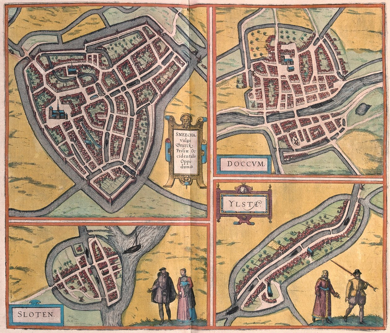 Sneek, Doccum, Sloten, Ijlst, Hollandia - Georg Braun "Civitates Orbis Terrarum" című művében, Köln 1617. alkotó: Georg Braun