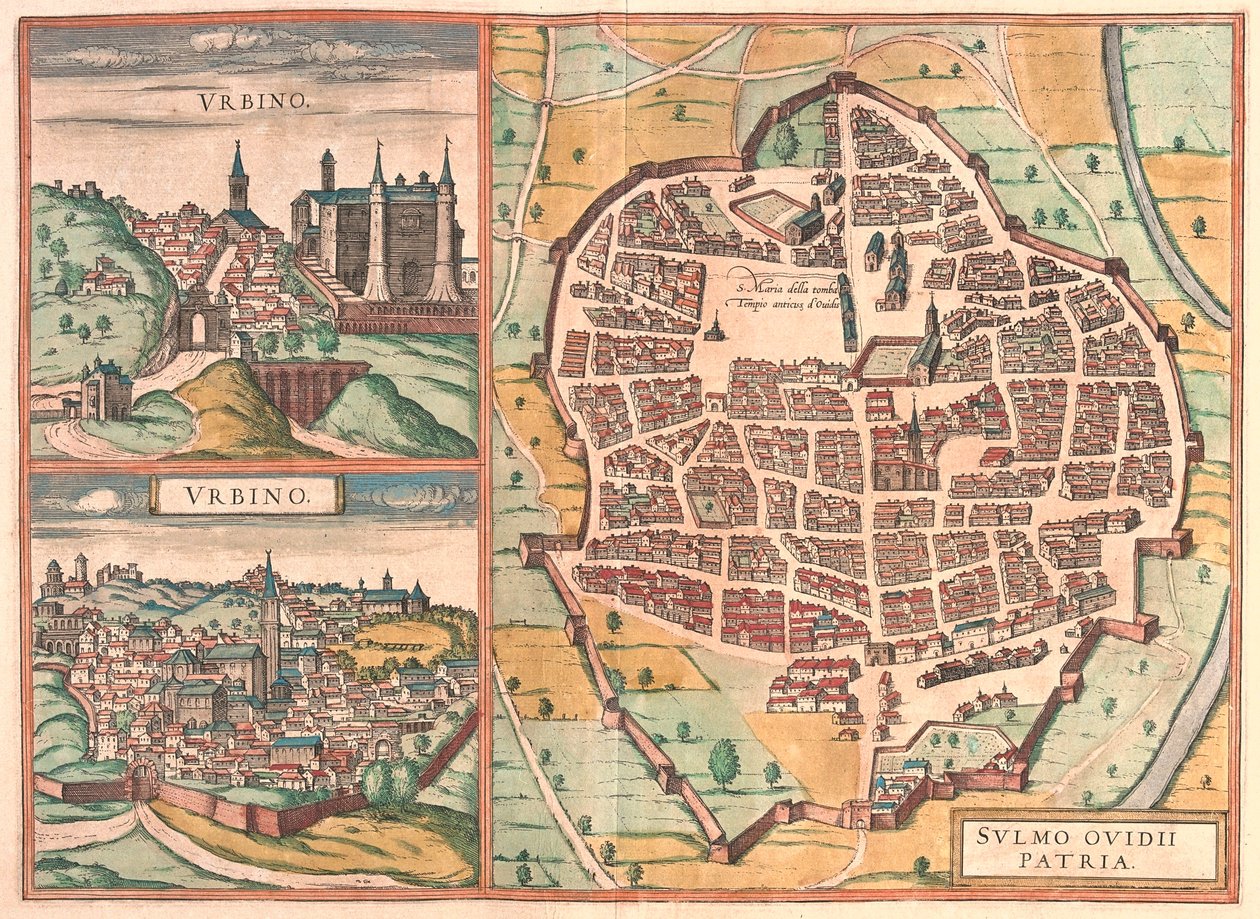 Urbino - Sulmona, Olaszország - Georg Braun "Civitates Orbis Terrarum" című művében, Köln 1617. alkotó: Georg Braun