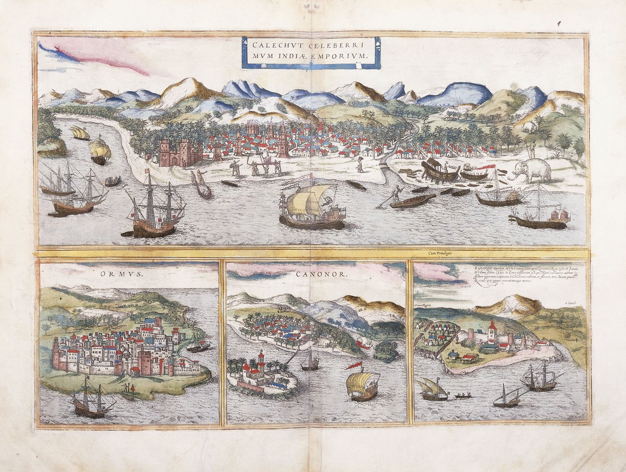 Kilátás az indiai Kalkuttára és a Perzsa-öböl bejáratánál lévő Ormuzra, az indiai Canonorra és a nyugat-afrikai El Mina portugál erődítményére, 1572 alkotó: Georg Braun
