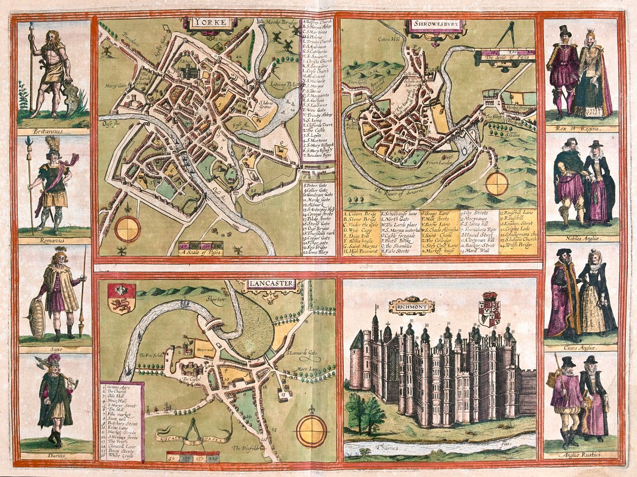 York, Shrewsbury, Lancaster és Richmond, Anglia - Georg Braun "Civitates Orbis Terrarum" című művében, Köln, 1617. alkotó: Georg Braun