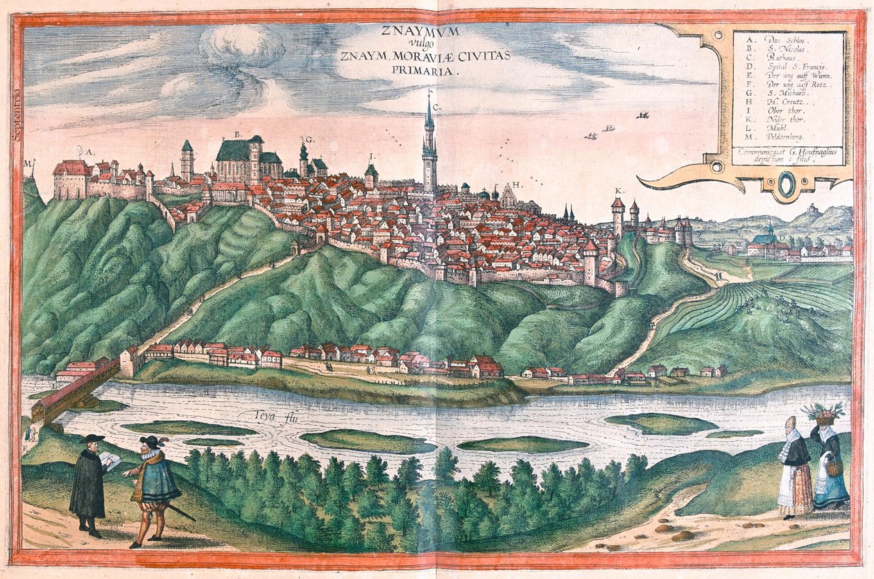 Znojmo (Morvaország), Csehország - Georg Braun "Civitates Orbis Terrarum" című művében, Köln, 1617. alkotó: Georg Braun