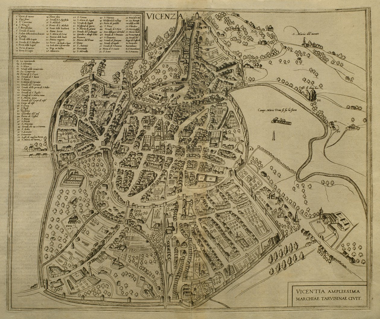 Vicenza térképe, a „Világ városai” illusztrációja, 1580 körül alkotó: Georg Braun und Franz Hogenberg