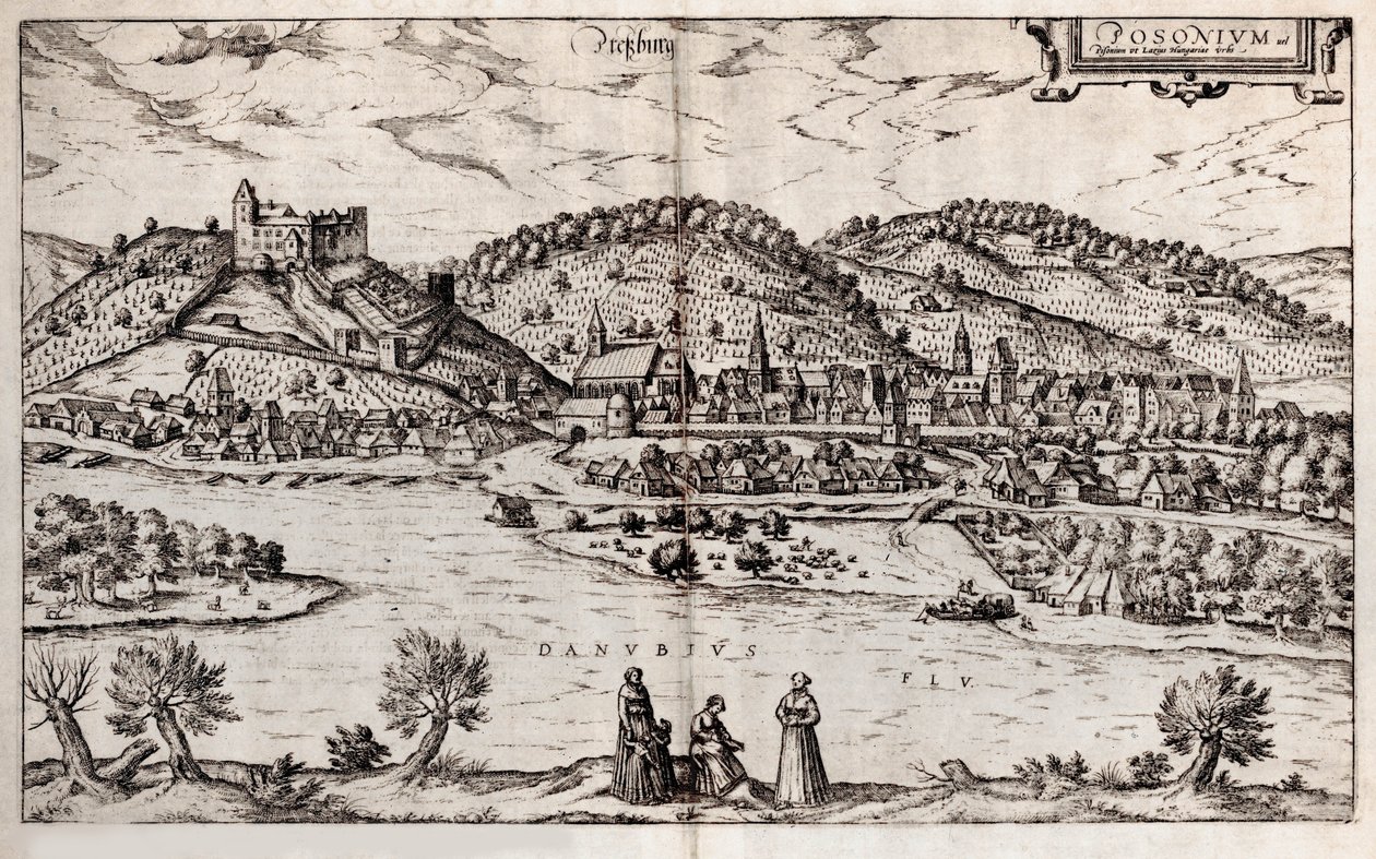 Pressburg Bratislava. Forrás: Világföldrengés, 1588 alkotó: Georg Braun und Franz Hogenberg