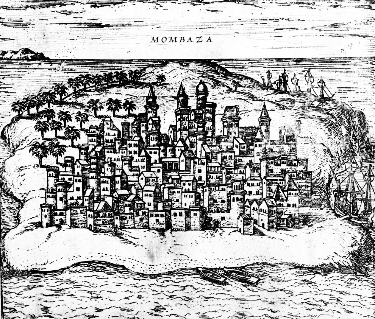 Mombaza képe, Georg Brauns Civitates orbis terrarum, 1572-ben publikált 483404 metszetrészlet alkotó: Georg Braun und Franz Hogenberg