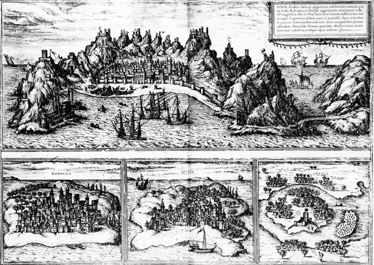 Áden, Mombaza, Quiloa és Cefala látképei Georg Braun 1572-ben megjelent Civitates orbis terrarum című művéből alkotó: Georg Braun und Franz Hogenberg