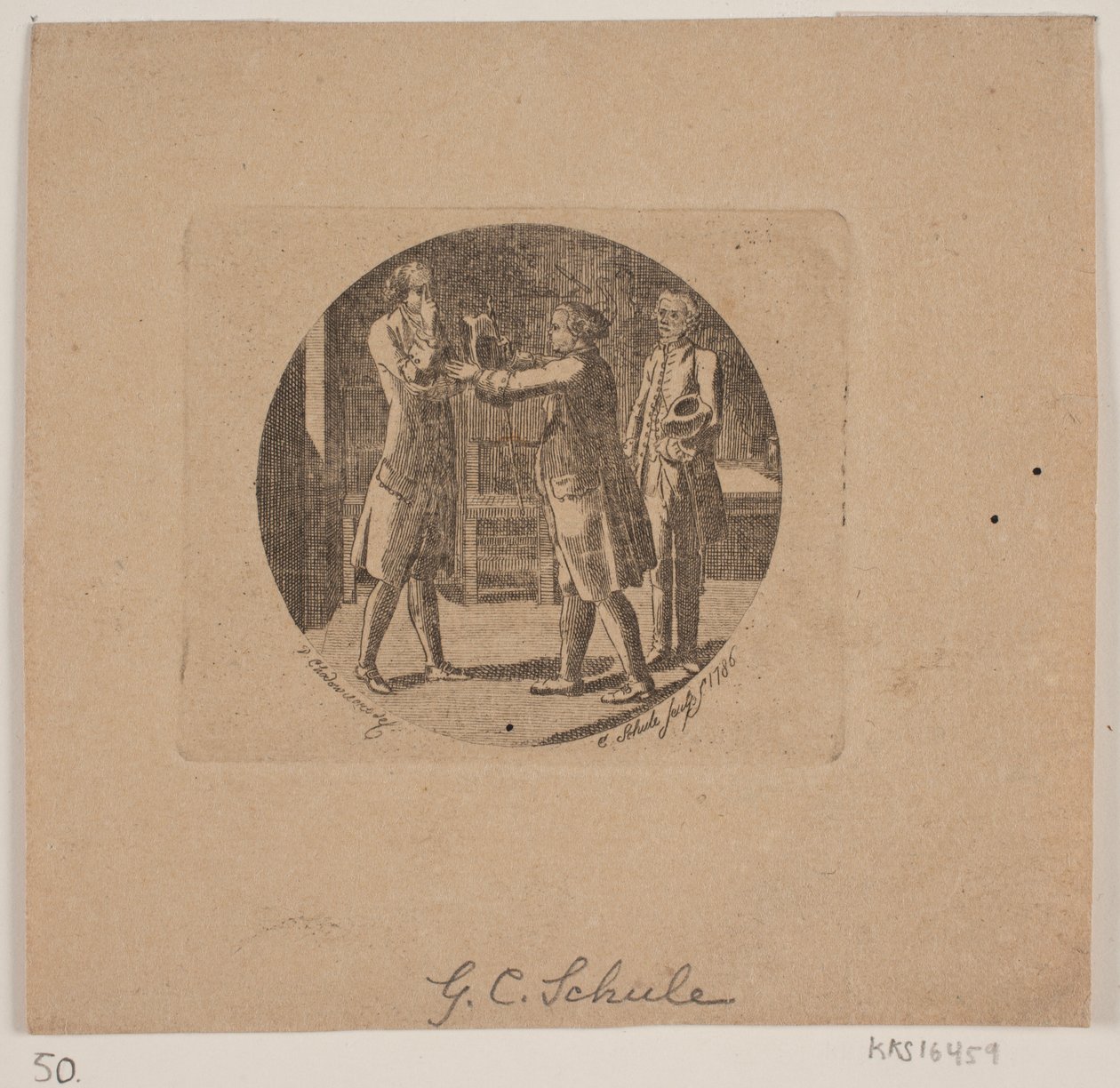 Vignetta három férfival alkotó: Georg Christian Schule
