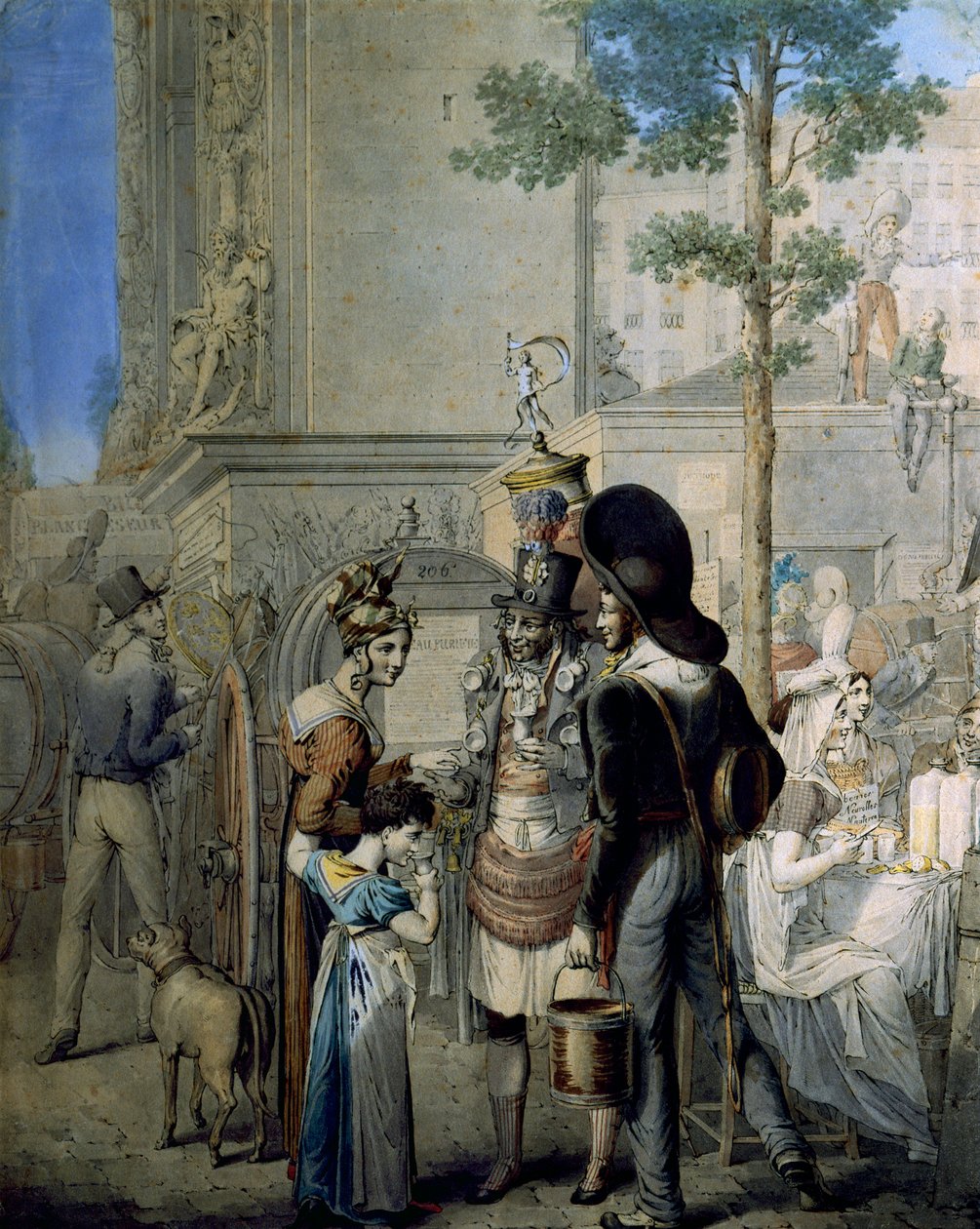 Porte Saint Denis kókuszkereskedő Párizsban. Régi kereskedő bolt, ahol kókuszos poharakat árulnak Párizs utcáin. A német George Emanuel Opitz (1775-1841) rajza, Párizs. Carnavalet Múzeum alkotó: Georg Emanuel Opitz