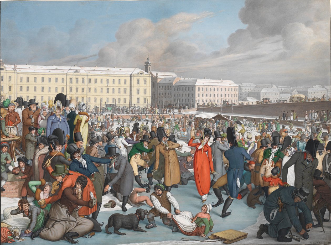 Korcsolyázás a Wiener Neustadt-csatorna befagyott kikötőjében, 1805. alkotó: Georg Emanuel Opiz