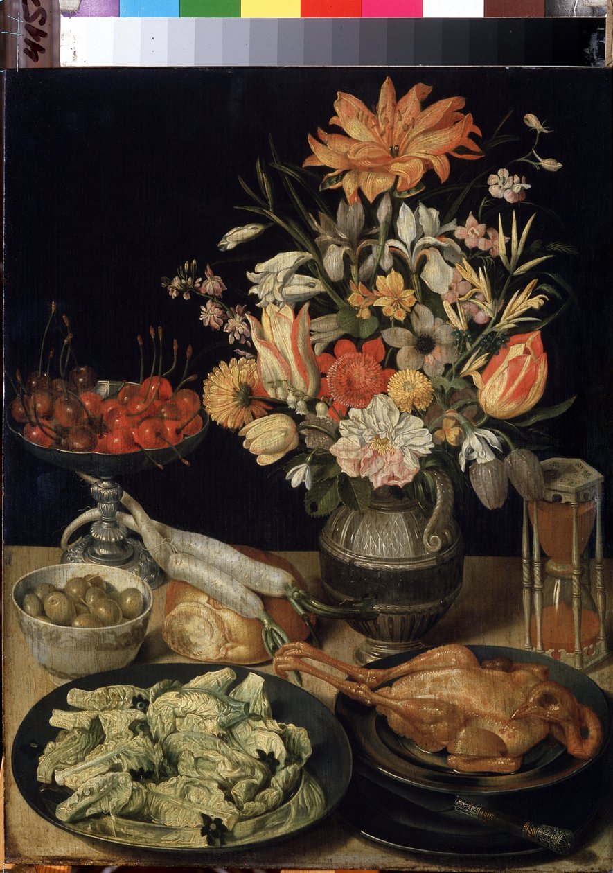 ""Csendélet virágokkal, csirkével, homokórával, olajbogyóval, cseresznyével és káposztával" (Csendélet virágokkal és falatokkal) Georg Flegel (1566-1638) festménye 1630-1635 Méret: 52,5x41 cm Ermitázs Múzeum, Szentpétervár alkotó: Georg Flegel
