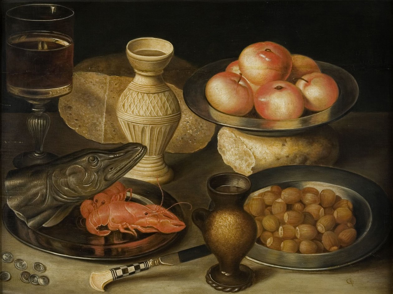Csendélet Siegburg kőedény kancsóval, üveggel, késsel, két cipóval, 17. század eleje. alkotó: Georg Flegel