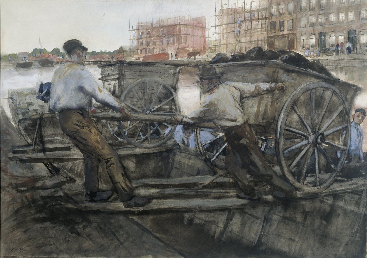 Munkások húznak egy nehéz kocsit Jacob van Lennepkade-en, Amszterdam, 1900 alkotó: George Hendrik Breitner