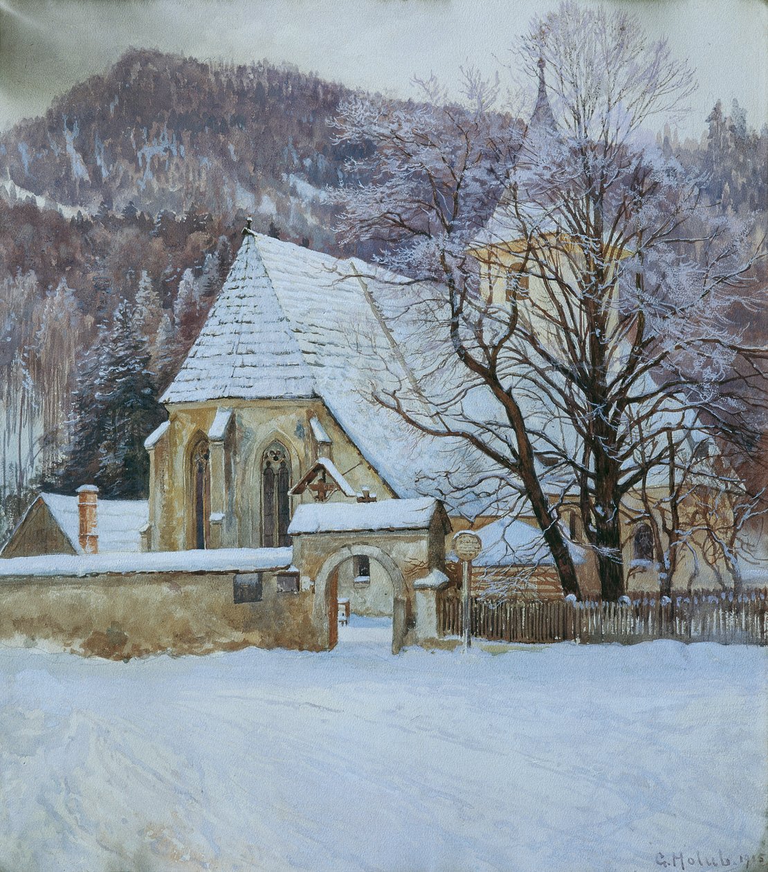 Tél a Kapellen melletti Rosenthalban (Stájerország), egy régi gótikus templommal alkotó: Georg Holub