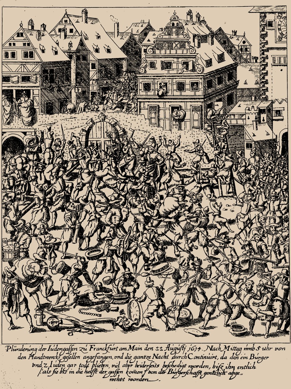 A Fettmilch felkelés. A frankfurti Judengasse kifosztása 1614. augusztus 22-én, kb. 1616-1617 alkotó: Georg Keller