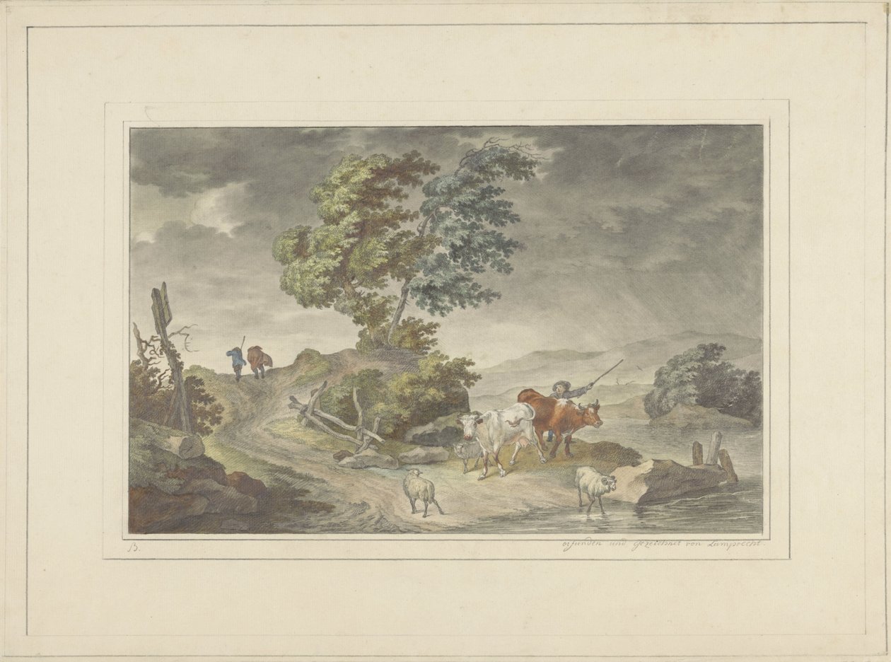 Dombos táj marhapásztorral és túrázókkal a fenyegető égbolton alkotó: Georg Lamprecht (possibly)