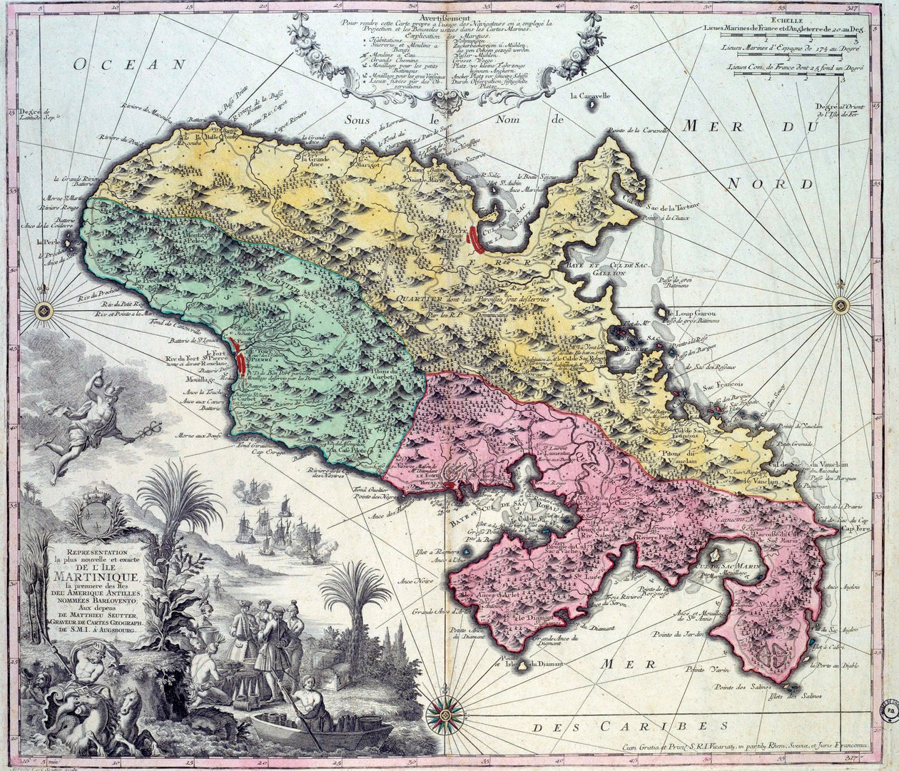 Részletes térkép Martinique szigetéről a Nyugat-Indiában. Metszet Matthew Seutter (1678-1757) 18. századi Chartres, Musee des Beaux Arts alkotó: Georg Matthäus Seutter