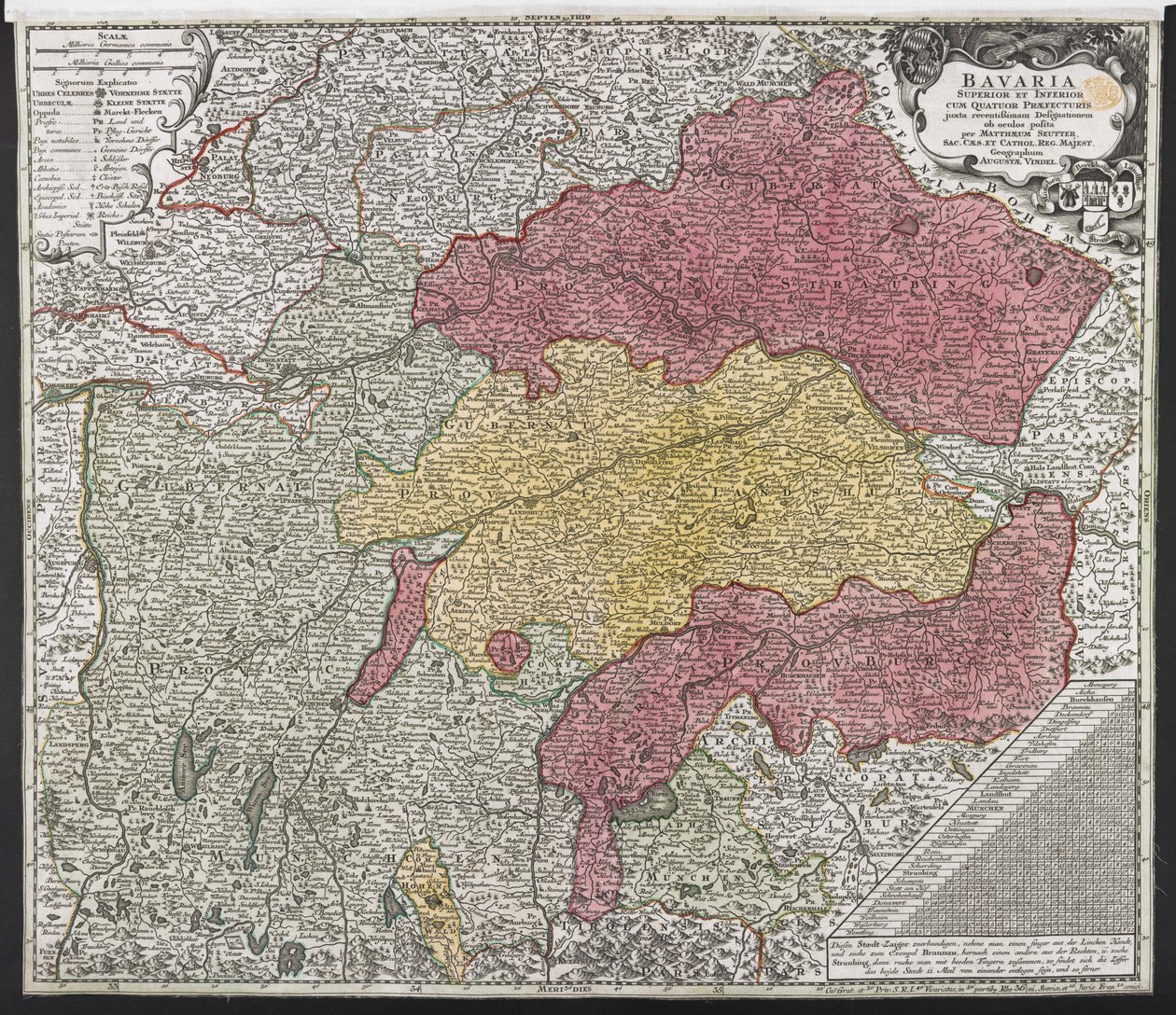 Bajorország térképe, 1757 körül (színes metszet) alkotó: Georg Matthäus Seutter
