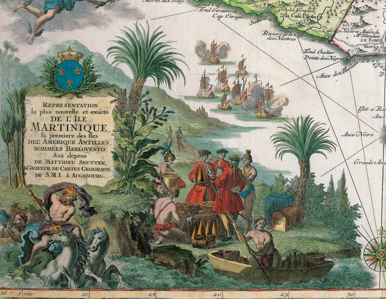 Martinique térképét készítette Matthieu Seutter, részletek: Kereskedők és indiánok alkotó: Georg Matthäus Seutter