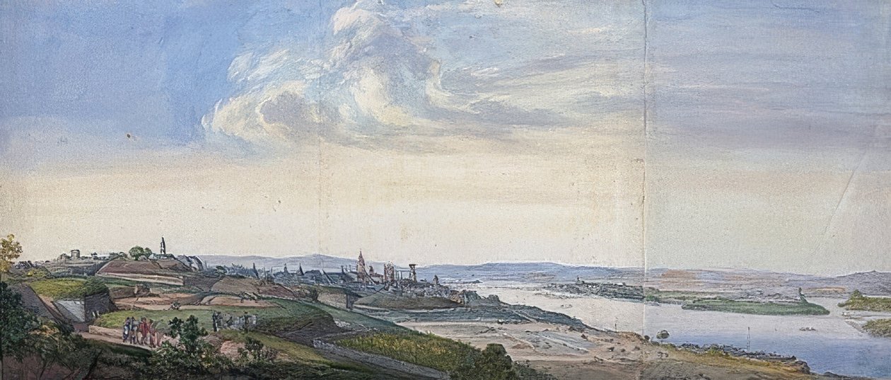 Mainz látképe az 1793. évi ostrom után. 1793 alkotó: Georg Melchior Kraus