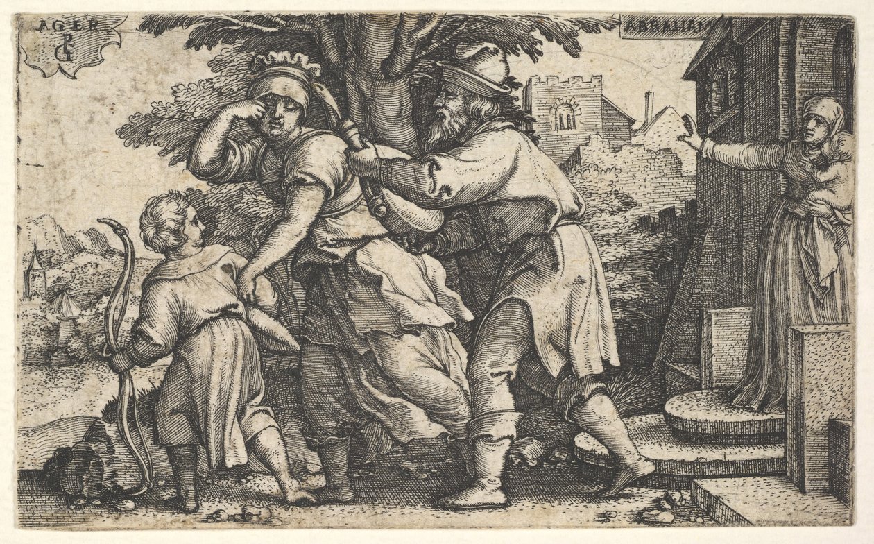 Ábrahám elküldi Hágárt és Izmaelt: Ábrahám egy edényt tart elő, mint Hágár és Ism..., kb. 1543. alkotó: Georg Pencz