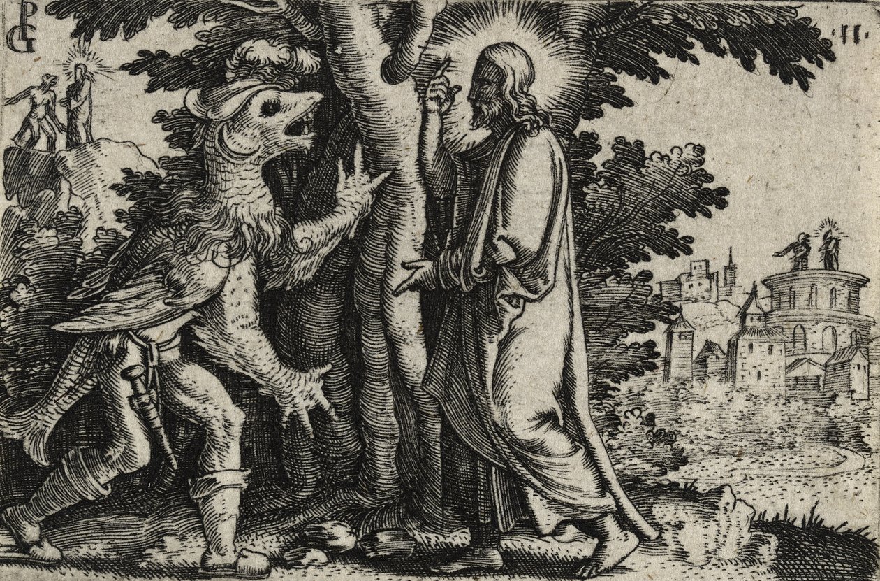 Krisztust, akit az ördög megkísért a sivatagban (metszet fektetett papírra) alkotó: Georg Pencz