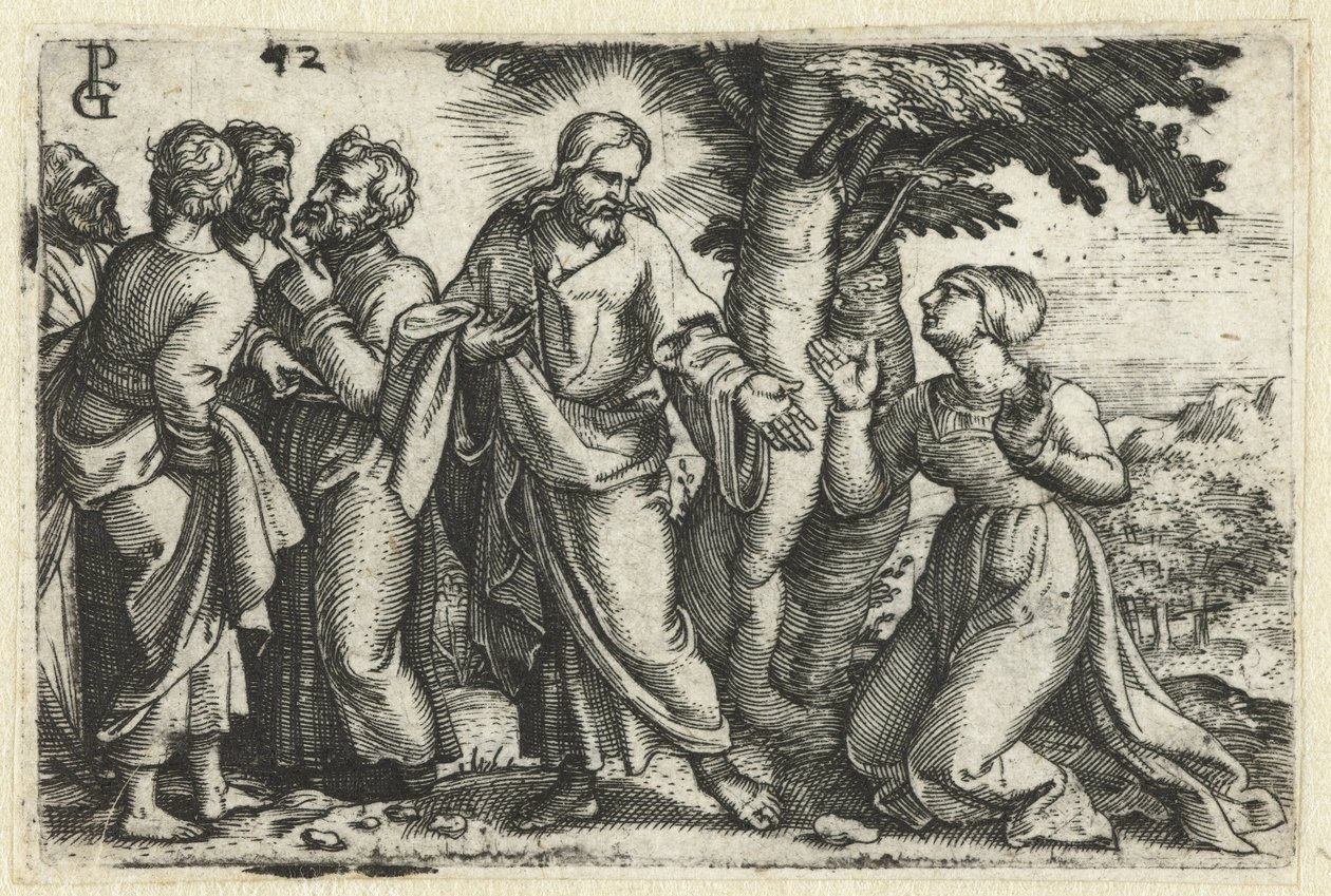 Krisztus meggyógyítja a vérző asszonyt Krisztus élete (sorozat címe) alkotó: Georg Pencz