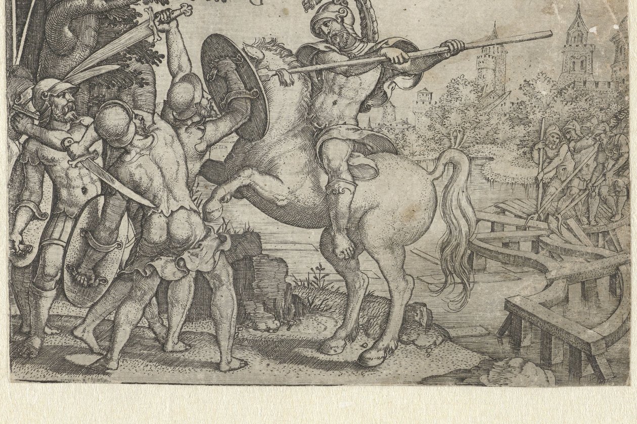 Horace Cocles védi a Tiberis feletti hidat Történetek a kora római történelemből (sorozat címe) alkotó: Georg Pencz