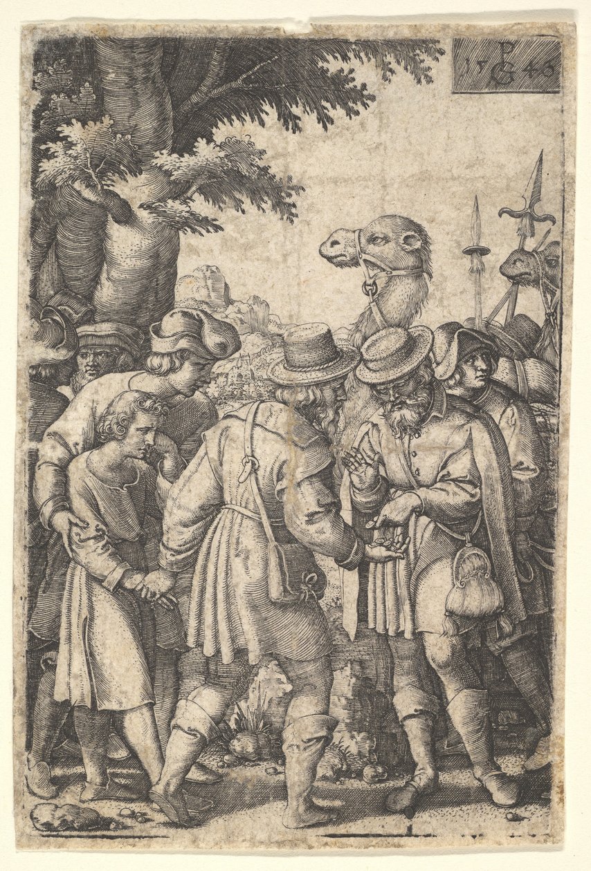 József eladta a kereskedőknek: egy szakállas férfi, aki bal kezével megragadja Józsefet, megkapja a társ..., 1546. alkotó: Georg Pencz
