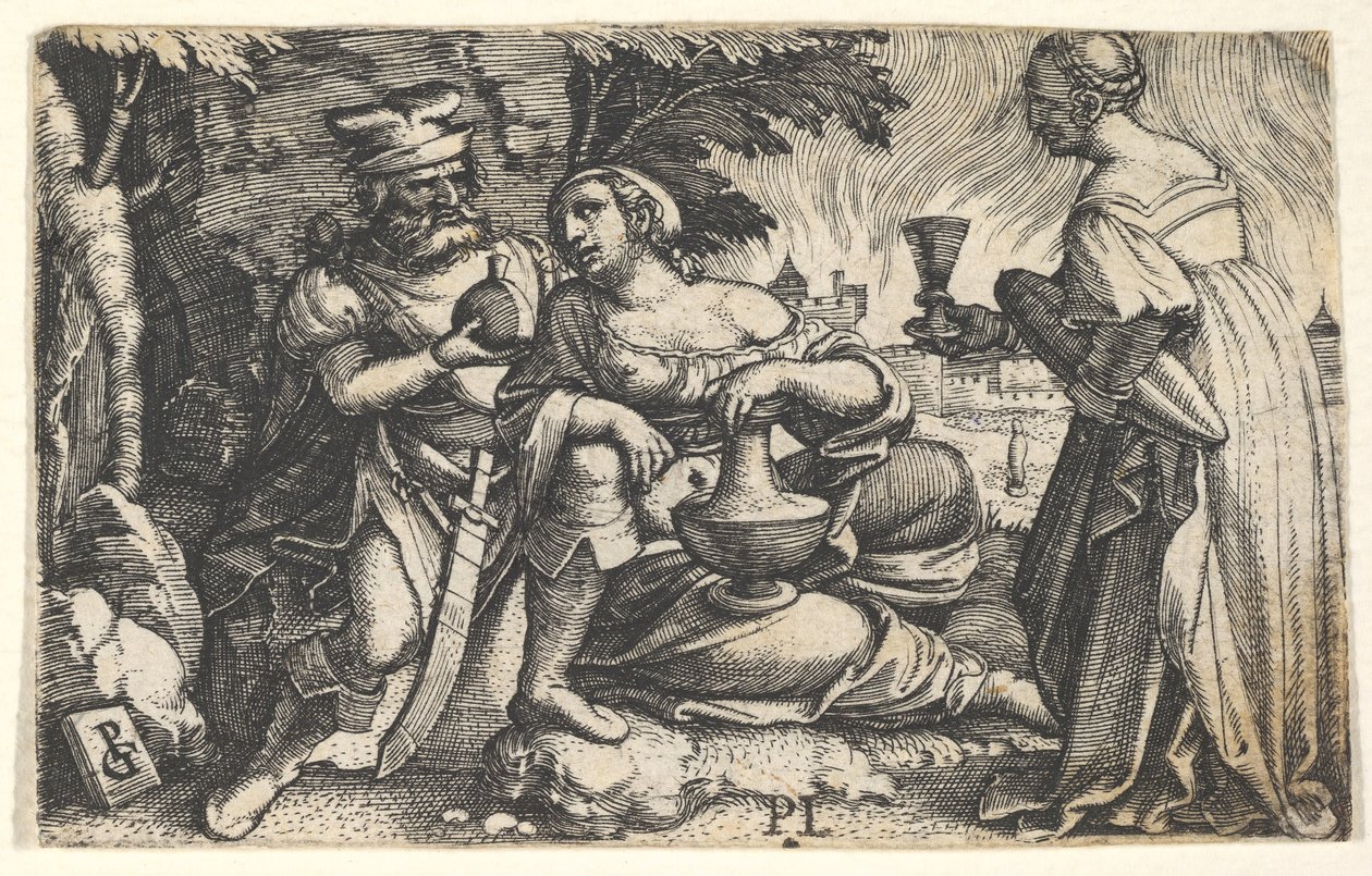 Lót és lányai: egy lány középen jobb karját Lots térdén támasztja, és egy ve..., kb. 1531. alkotó: Georg Pencz